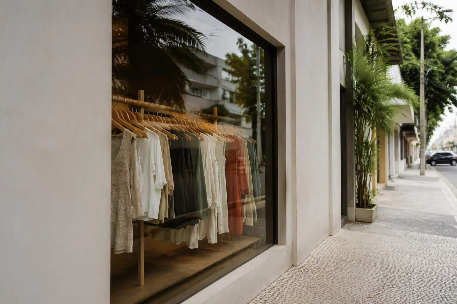 Vitrine de uma loja com peças organizadas por tamanho